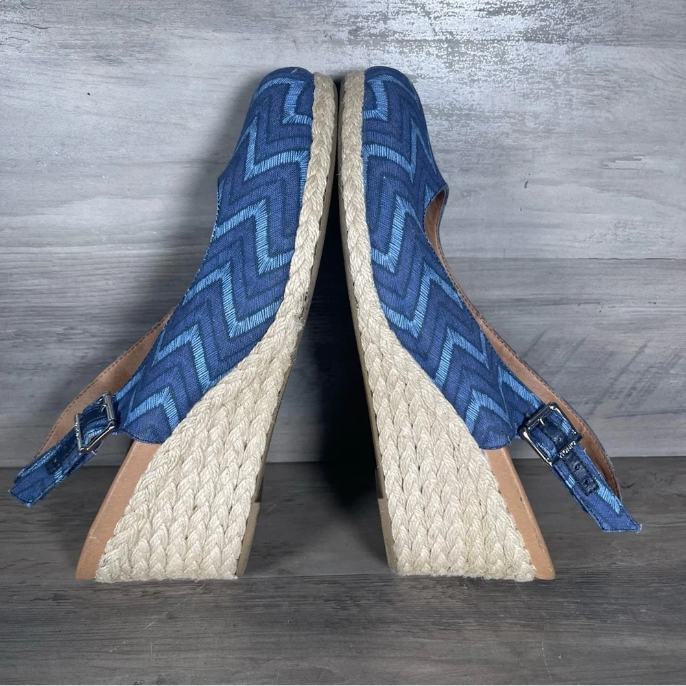 Vionic Womens 9 Coralina Blue Chevron Espadrille Supportive Wedge Slingback Shoe